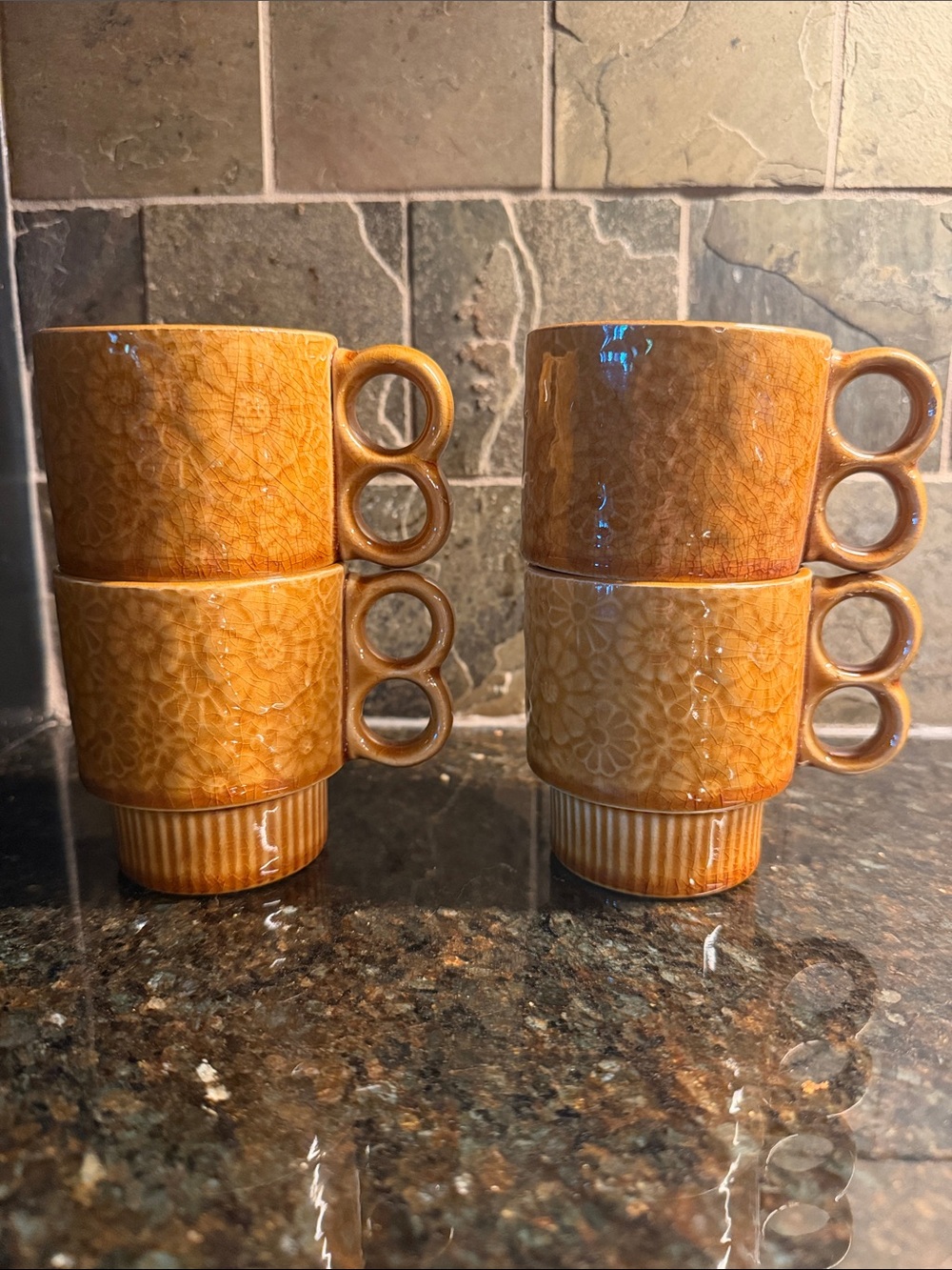 Vintage 70s Stackable Ceramic Flower Mugs Set of 4 Honey Gold Boho MCM Japan